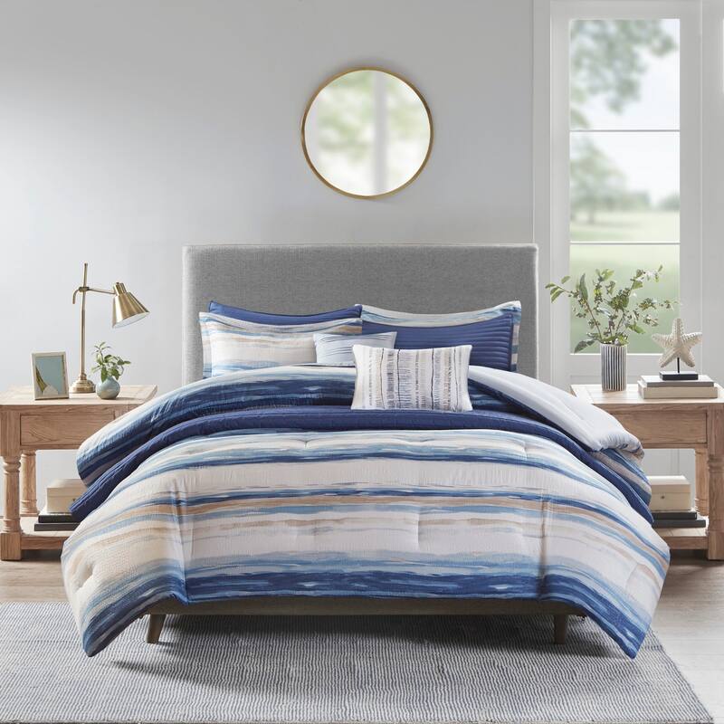 8 Piece Printed Seersucker Comforter and Quilt Set Collection Blue Full/Queen