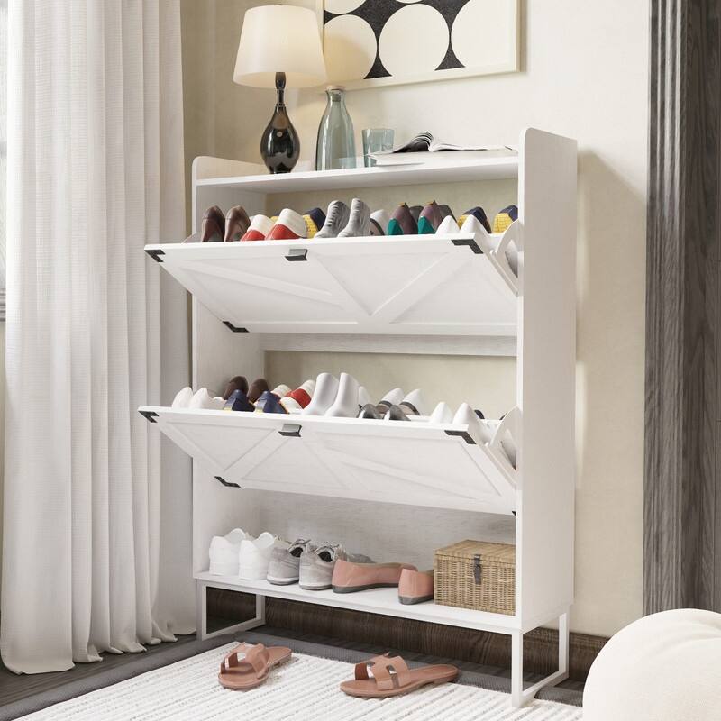 Shoe Cabinet with 2 Flip Drawers Shoe Storage Cabinet for Entryway Freestanding - White