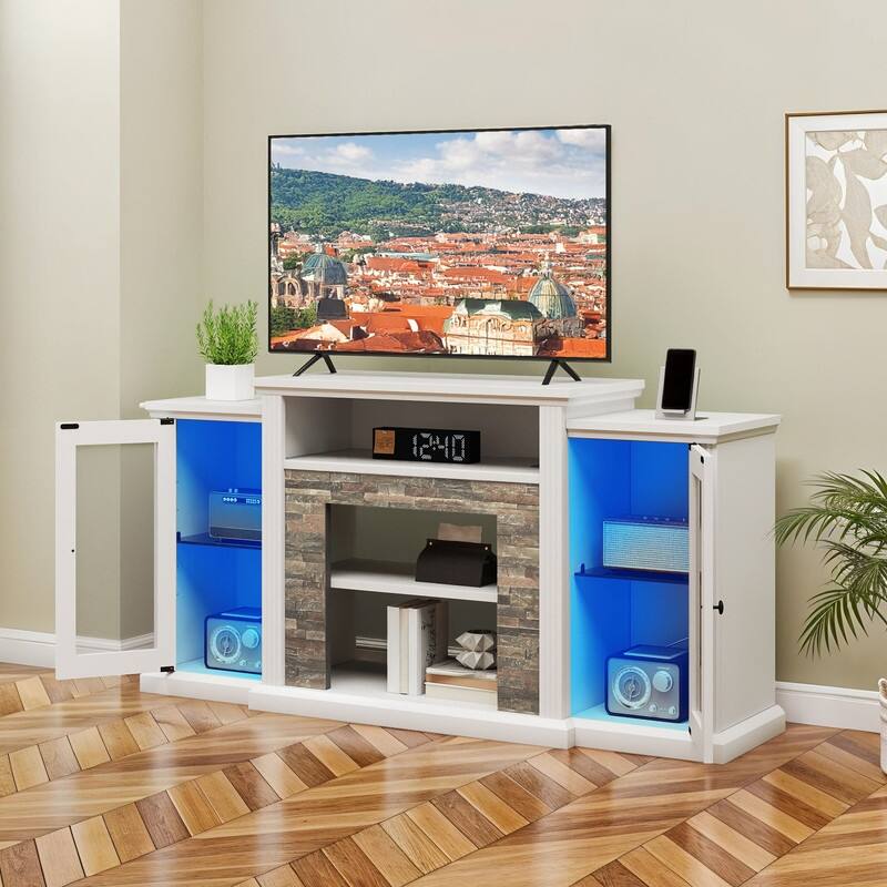 Moasis Farmhouse Modern LED TV Stand Entertainment Center for TVs up to 65-Inch with Glass Doors