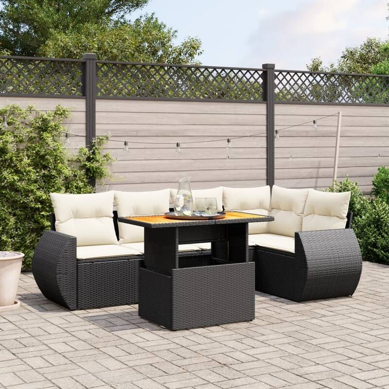 vidaXL Patio Sofa Set with Cushions Table and Modular Sofas 6 Piece Poly Rattan - 21.7 x 39.4 x 28.7 - Black  - form1