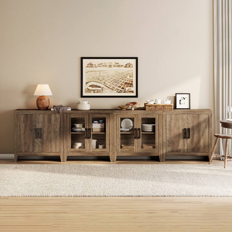 WAMPAT Farmhouse Buffet Cabinet with Glass Doors, 4-Piece Modular Sideboard with Adjustable Shelves