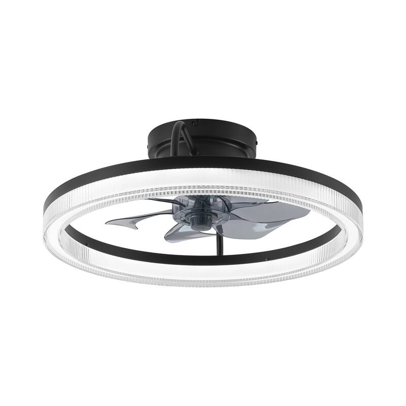 Modern Black Wheel Ring Semi-Flush Color-Change Integrated LED Ceiling Fan Lighting w/ Remote Control