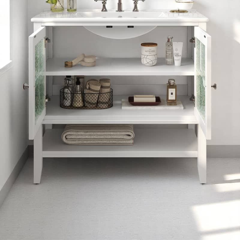 36" Bathroom Vanity with Ceramic Sink, Adjustable Shelf, Open Shelf, Solid Wood Legs & Soft-Close Hinges