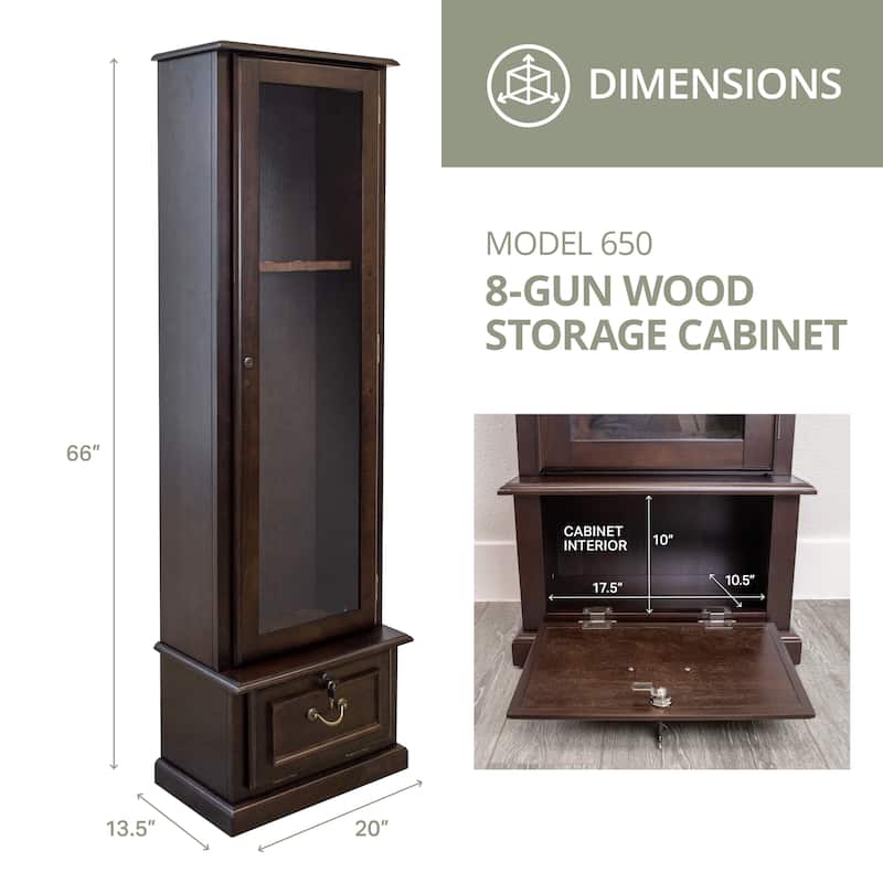 American Furniture Classics Model 650, 8 Gun Cabinet with locking tempered glass door and locking drop down door.