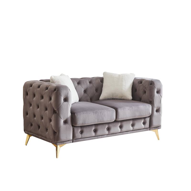 Velvet Chesterfield Loveseat Sofa, Tufted Button Upholstered 2 Seater Sofa, Lounge Sofa Chair with 2 Pillows & Metal Legs
