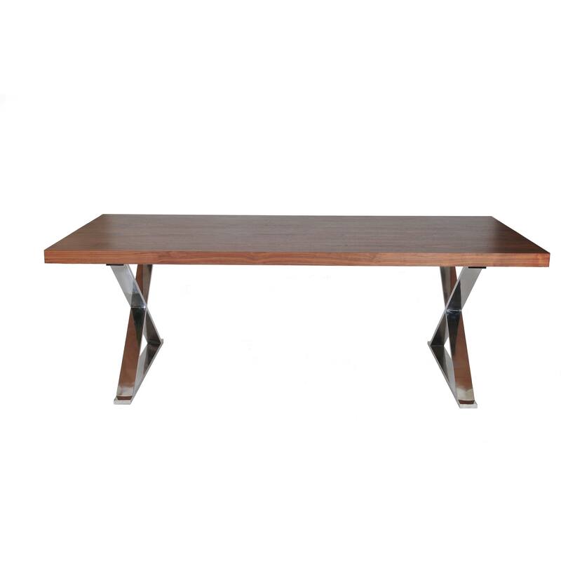 Rix 87 Inch Dining Table, X Chrome Legs, Walnut Brown Rectangular Wood Top