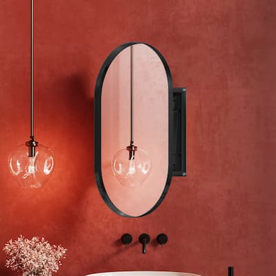 Oval Recessed Medicine Cabinet, Metal Framed Bathroom Wall Cabinet with Adjustable Shelves, Wall Mirror with Storage