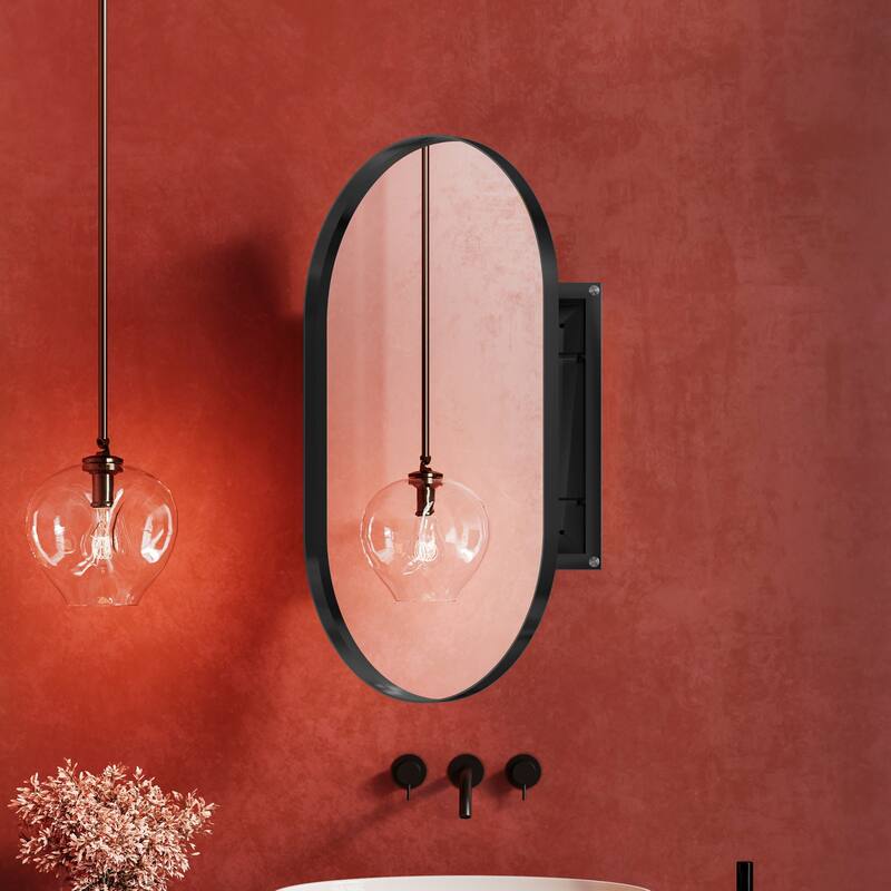 Wall Mount Metal Framed Medicine Cabinet with Storage - Black - 20"x34" Oval