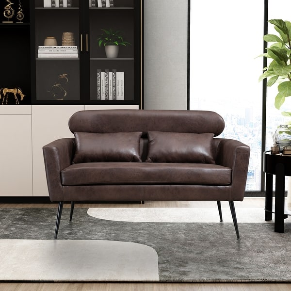 slide 2 of 25, Classical Loveseat Small Sofa Small Mini Room Suede Couch Two-seater Armchairs with 2 Throw Pillows and Metal Legs Dark Brown