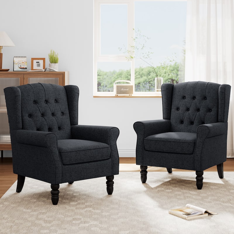 Modern Button Tufted Armchair Wingback Accent Chairs Set of 2 - Black Blue-Chenille