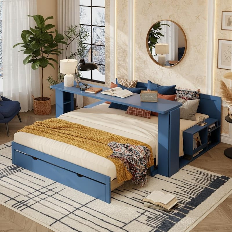 4-in-1 Convertible Daybed with Foldable Desk, Pull-Out Bed & Storage by Harper&Bright Designs - Blue - Queen