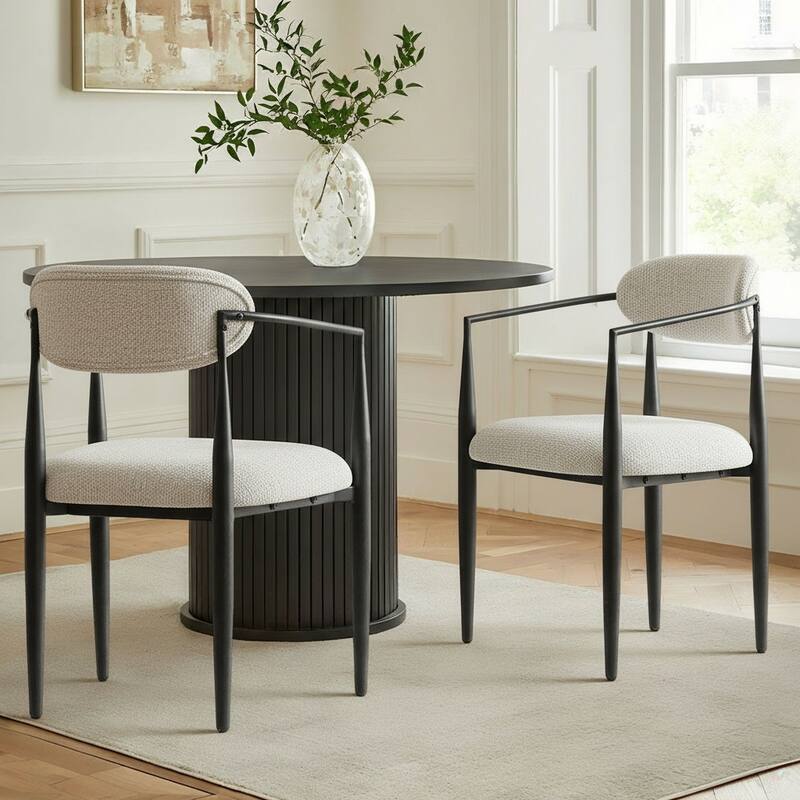 Modern Upholstered Armchairs With Black Metal Frame (Set of 2) - Beige