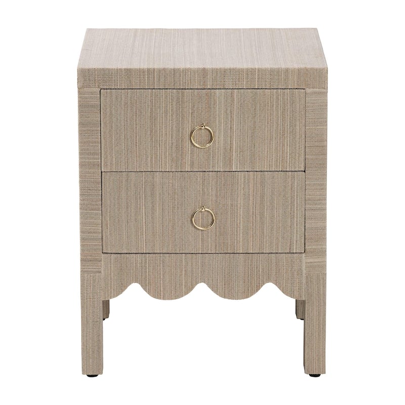 Juniper Grasscloth Nightstand with Scalloped Base - Woven Texture 2-Drawer Bedside Table with Gold Ring Pulls