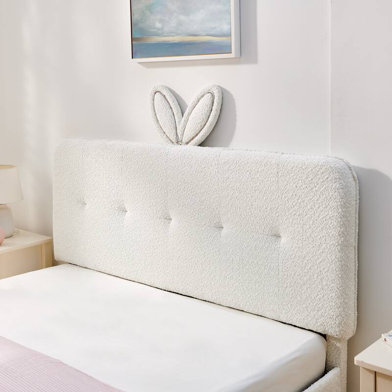 Queen Size Boucle Upholstered Bed with Rabbit Ear Headboard, LED Music Sync & 4 Drawers