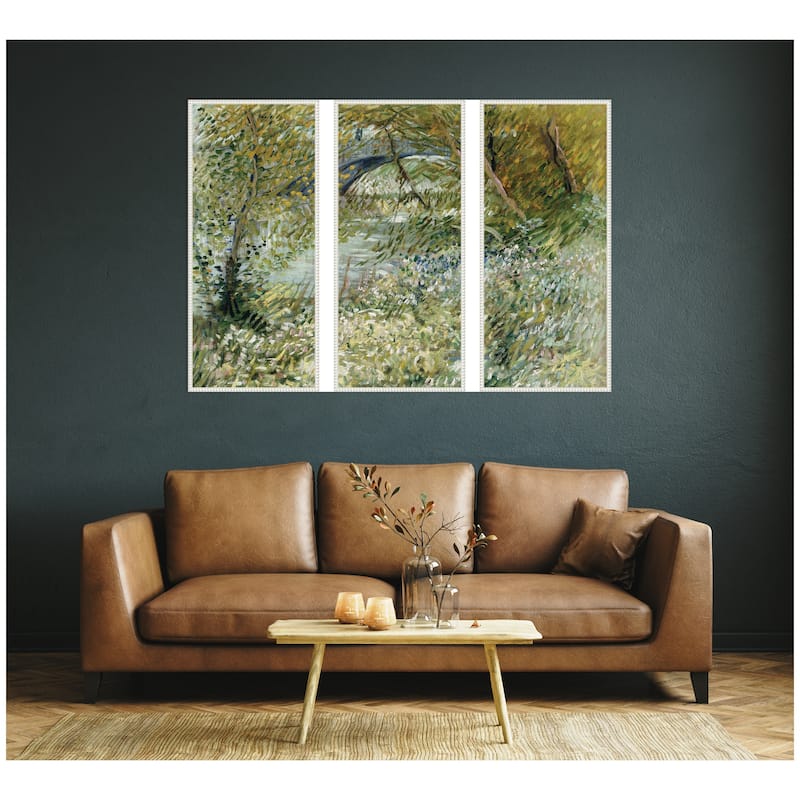 Kate and Laurel Vincent van Gogh River Bank in Springtime 1887 3 Piece Framed Canvas Wall Art Set by Nostalgia Prints