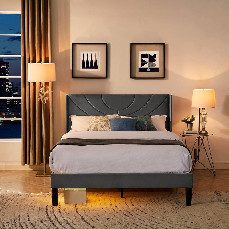 Javlergo Upholstered Platform Bed Frame with Modern Wingback Headboard, Dark Grey