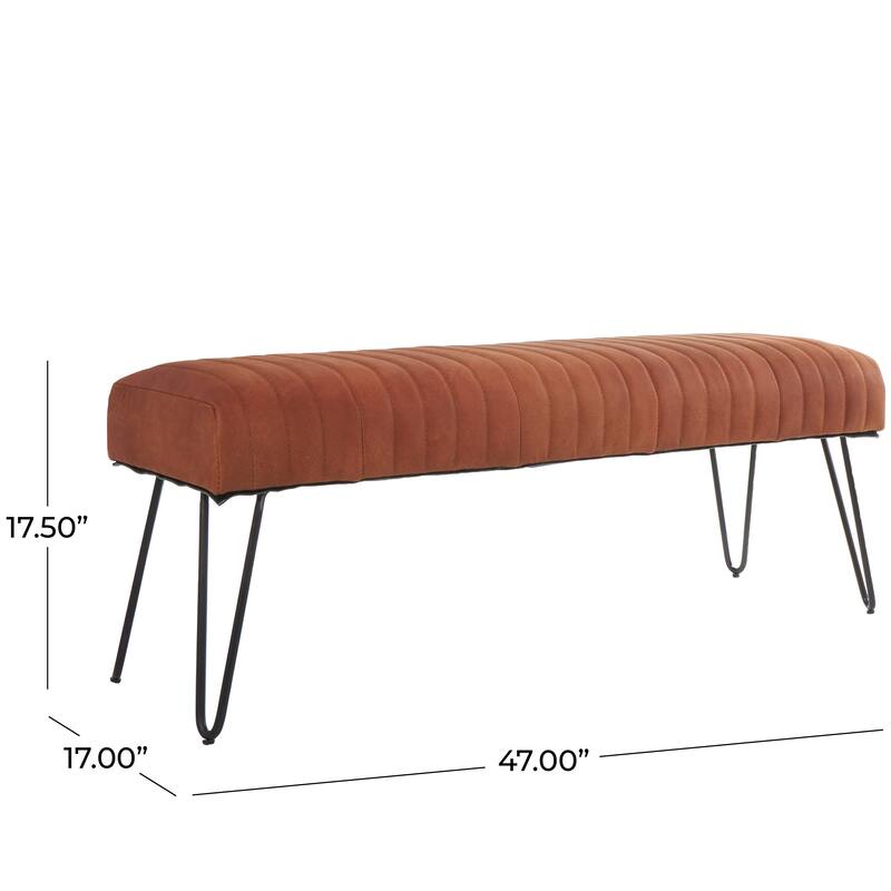 Brown Leather Upholstered Bench with Linear Tufted Panels and Black Metal Hairpin Legs
