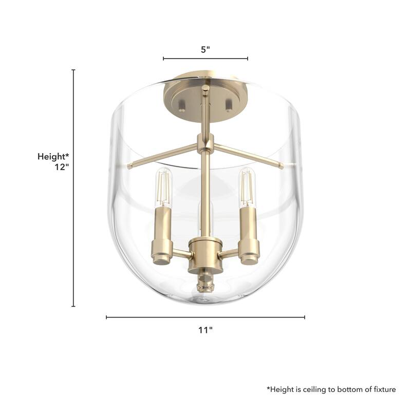 Hunter Sacha 3-Light Semi-Flush Mount Ceiling Light w/ Clear Glass - Entry, Dining Room, Kitchen Table - Modern, Low-Profile