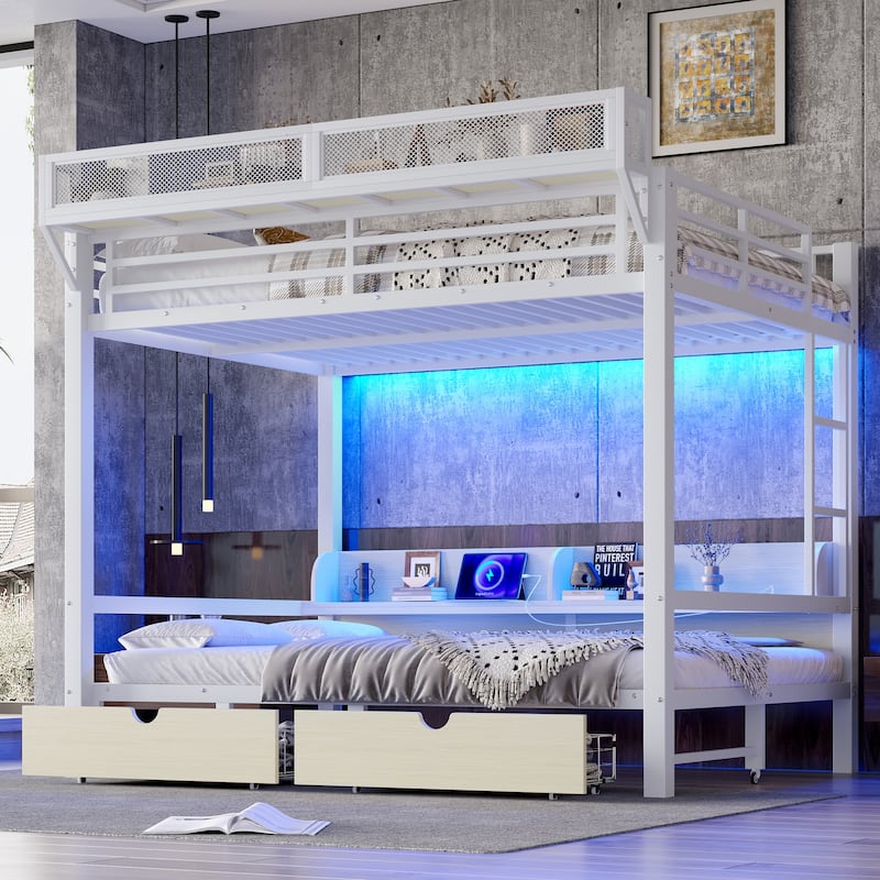 Queen over Queen Bunk Bed Frame with USB Ports, LED Lights, Storage Shelves and Drawers, Lower Bed Converted into Sofa