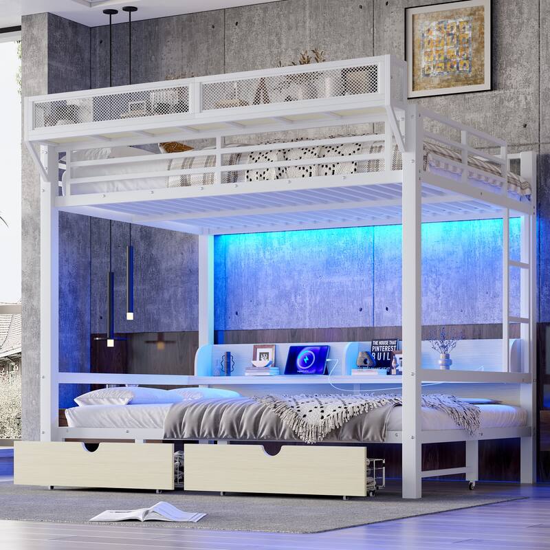 Queen over Queen Bunk Bed with Storage Shelves & Drawers, USB Ports & LED Lights, Convertible Sofa Lower Bed