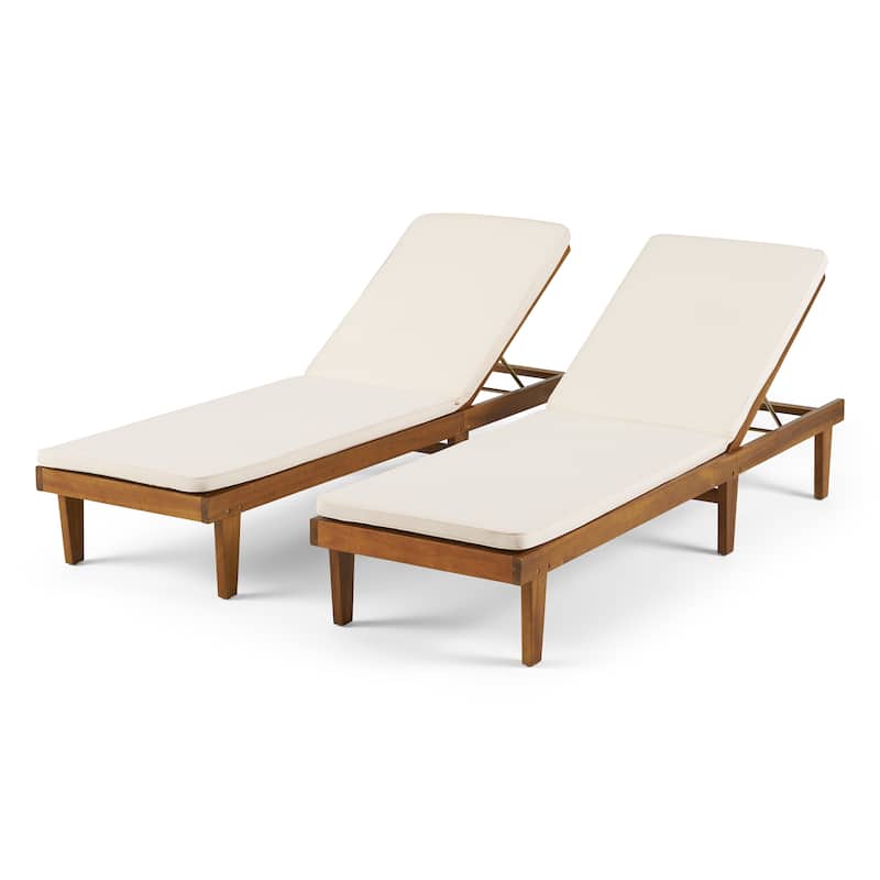Nadine Outdoor Modern Cushioned Acacia Chaise Lounges (Set of 2) by Christopher Knight Home - Teak Finish + Cream Cushion