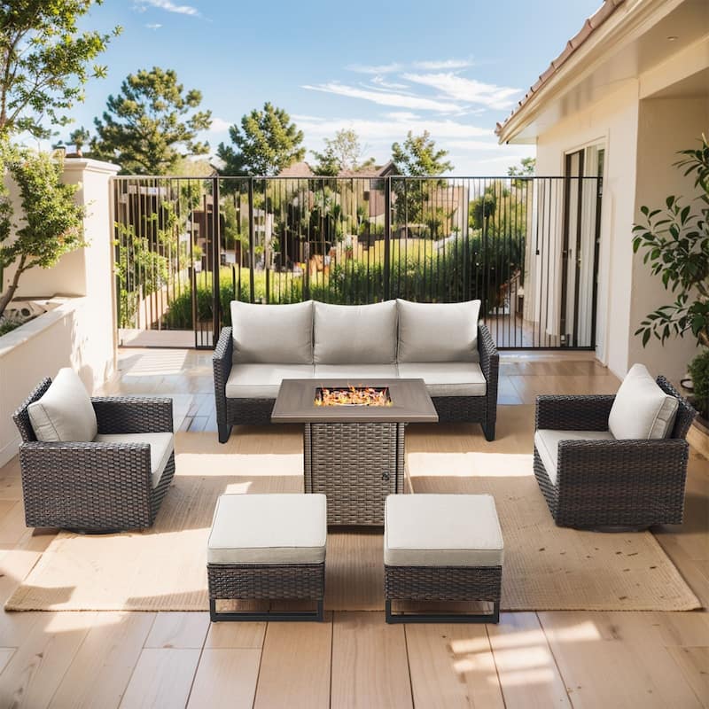 Outdoor Pocassy Sofa Chairs Set with Fire Table - Brown Wicker Blue Cushion - 6 Pieces