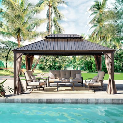 Outdoor Gazebo Patio Hardtop Pergola with Mosquito Net and Curtain