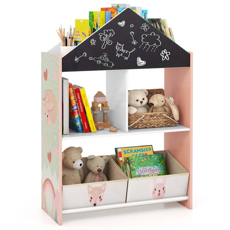 Wooden Dollhouse Bookcase Children Toy Display Chest Cubby Bookshelf - Pink