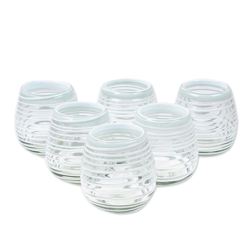 NOVICA Artisan Handblown Recycled Stemless Wine Glasses White Stripe