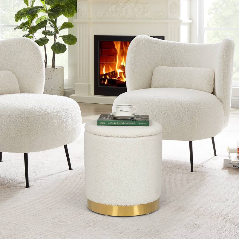 Adeco Velvet Round Storage Stool Gold Plating Base Storage Ottoman