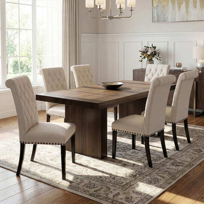 Set of 2 Aleki Beige Fabric Dining Chair Roll Back with Tufted Buttons