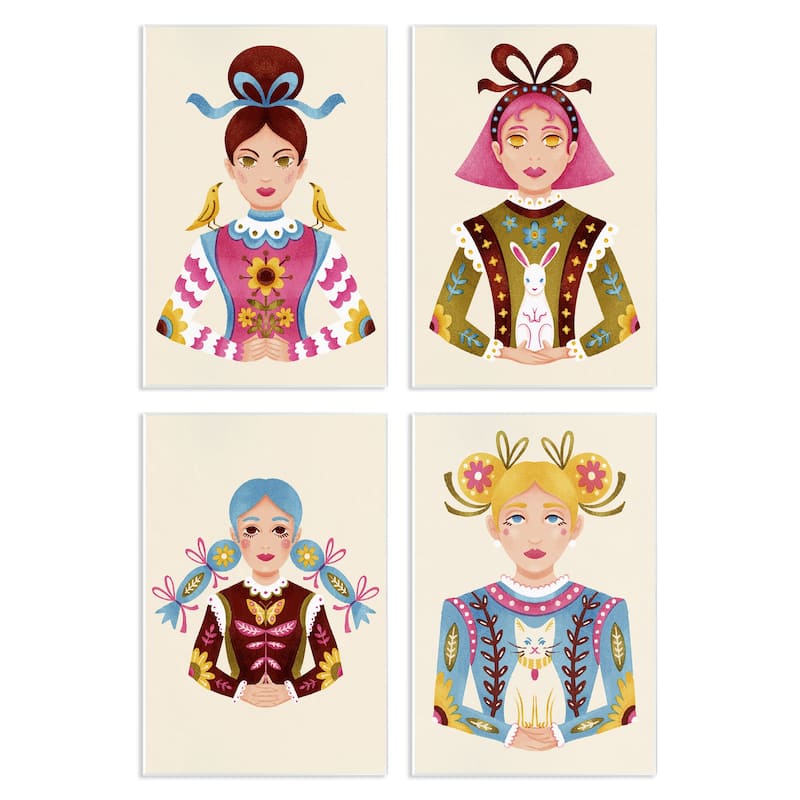 Stupell Floral Folk Women Portraits Wall Plaque Art Design By Hannah Moren (Set of 4) - 13 x 19