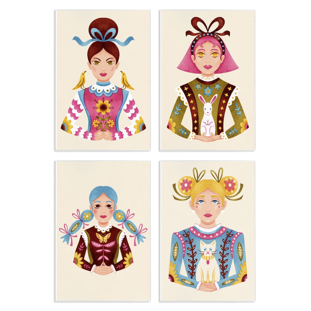 Stupell Floral Folk Women Portraits Wall Plaque Art Design By Hannah Moren (Set of 4)