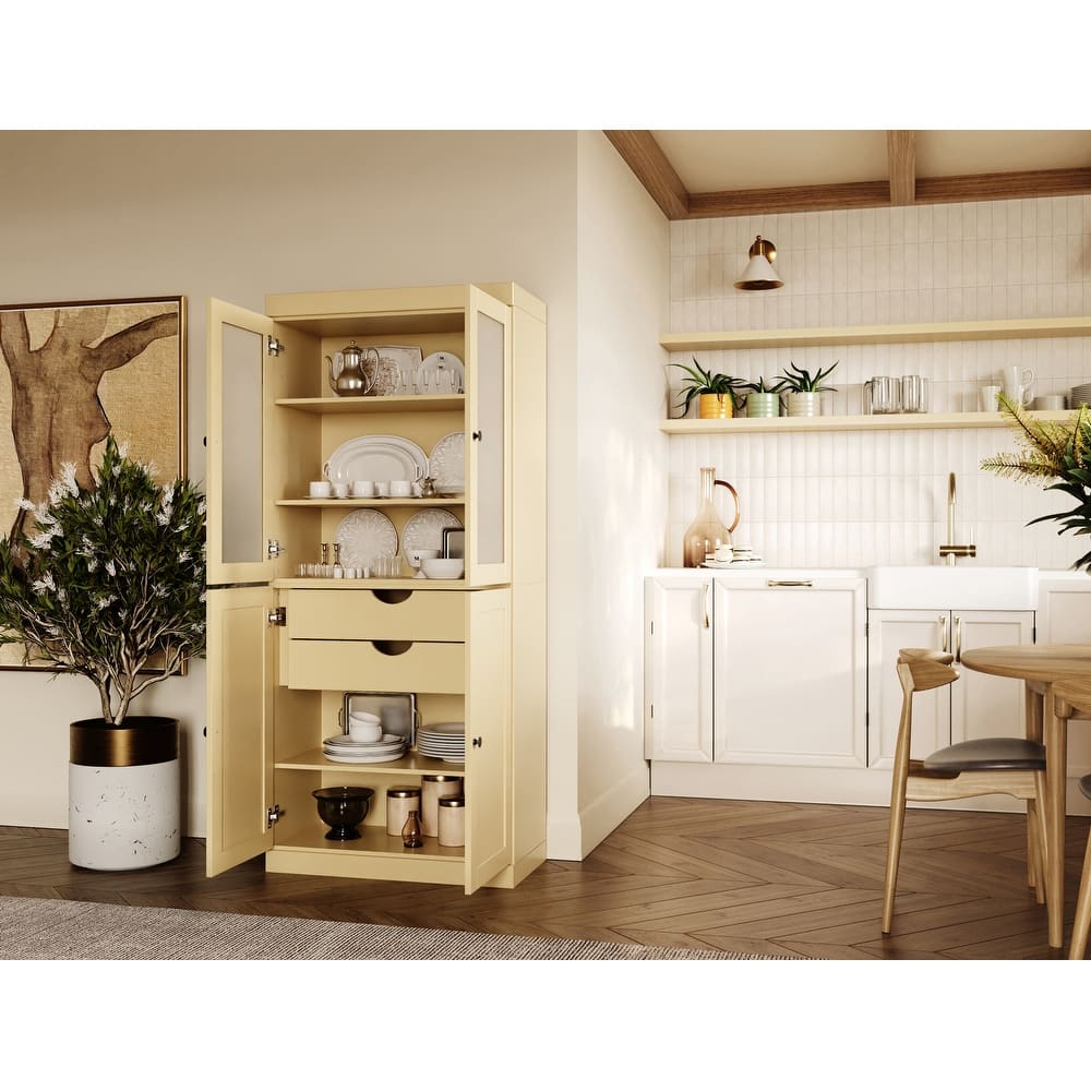 Palace Imports 100% Solid Wood 32" Pantry Cabinet with Frosted Glass, Shaker Doors, 2-Drawers and Adjustable Shelves