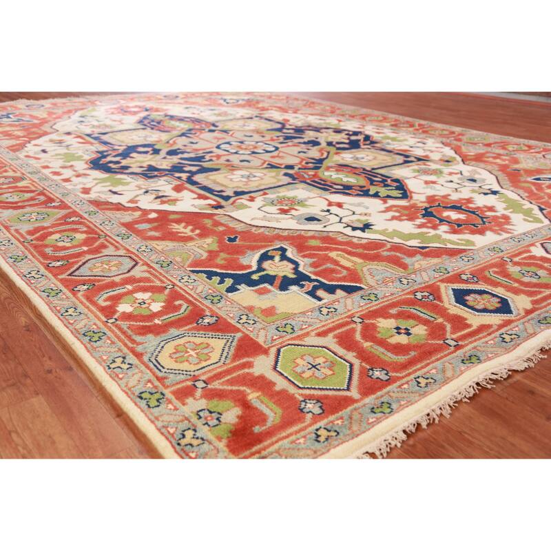 Hand Knotted Oriental 100% Wool Carpet Traditional Medallion Beige & Ivories Heriz (serapi) Area Rug - 13' 8'' X 9' 11''
