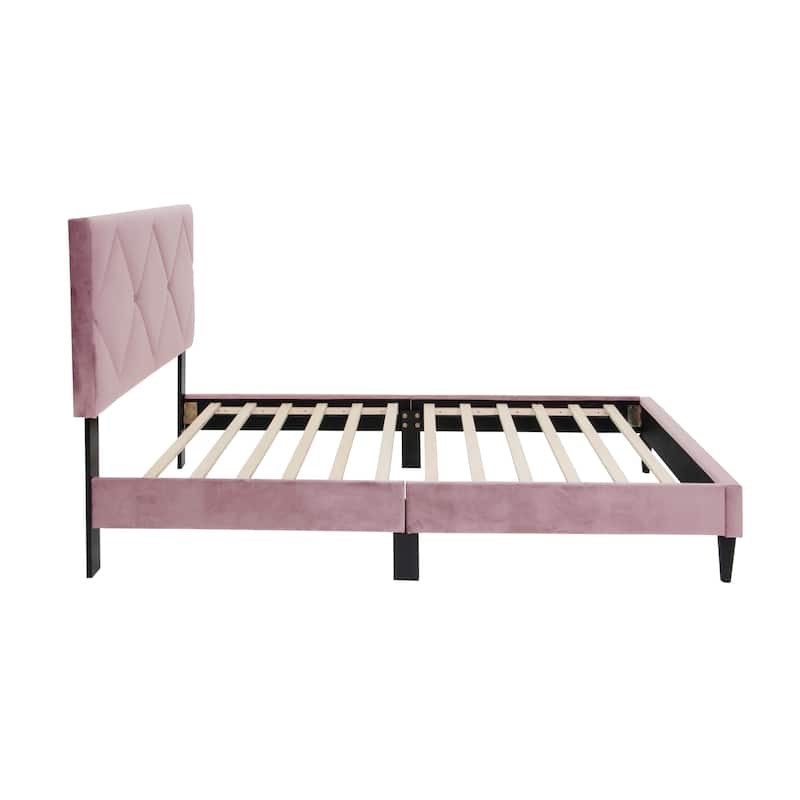 Adjustable Headboard Twin Bed with Velvet Upholstery and 12-Slat Support System