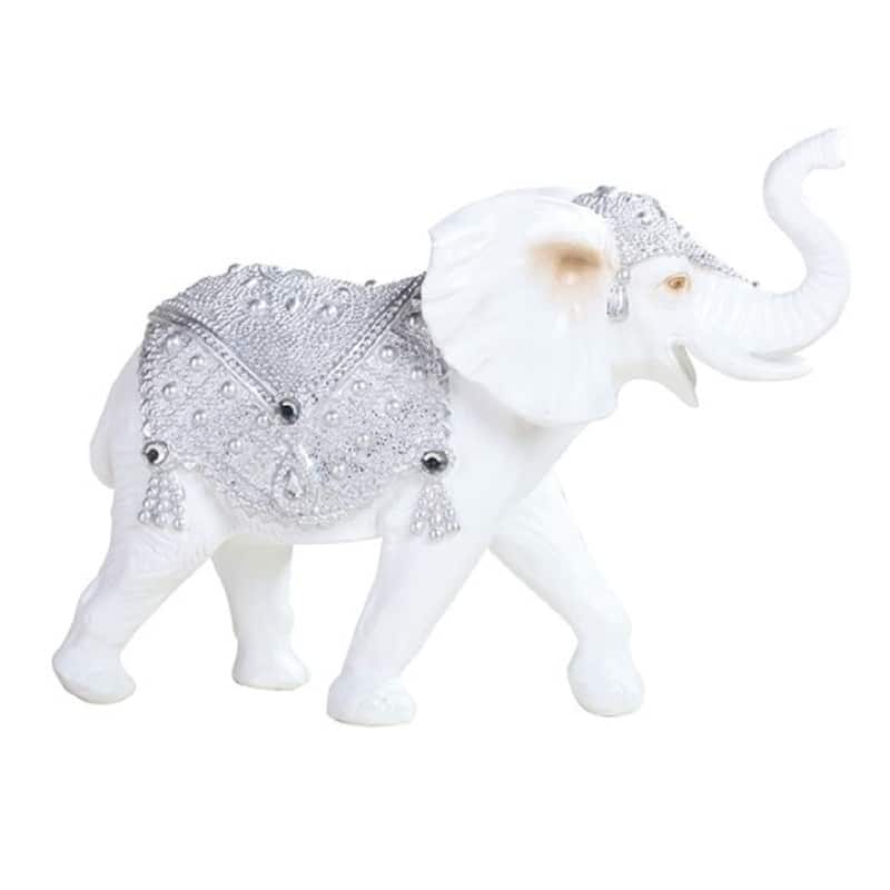 Q-Max 5.25"W Silver and White Thai Elephant with Trunk Up Statue Feng Shui Decoration Religious Figurine