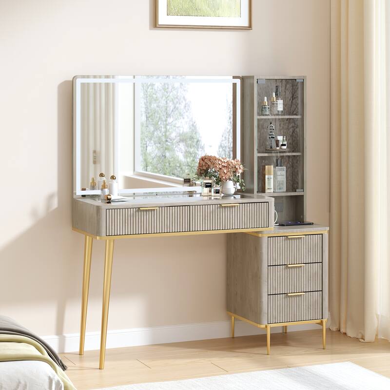Modern Fluted Makeup Vanity Desk with Lighted Mirror, Dressing Table - Alder White