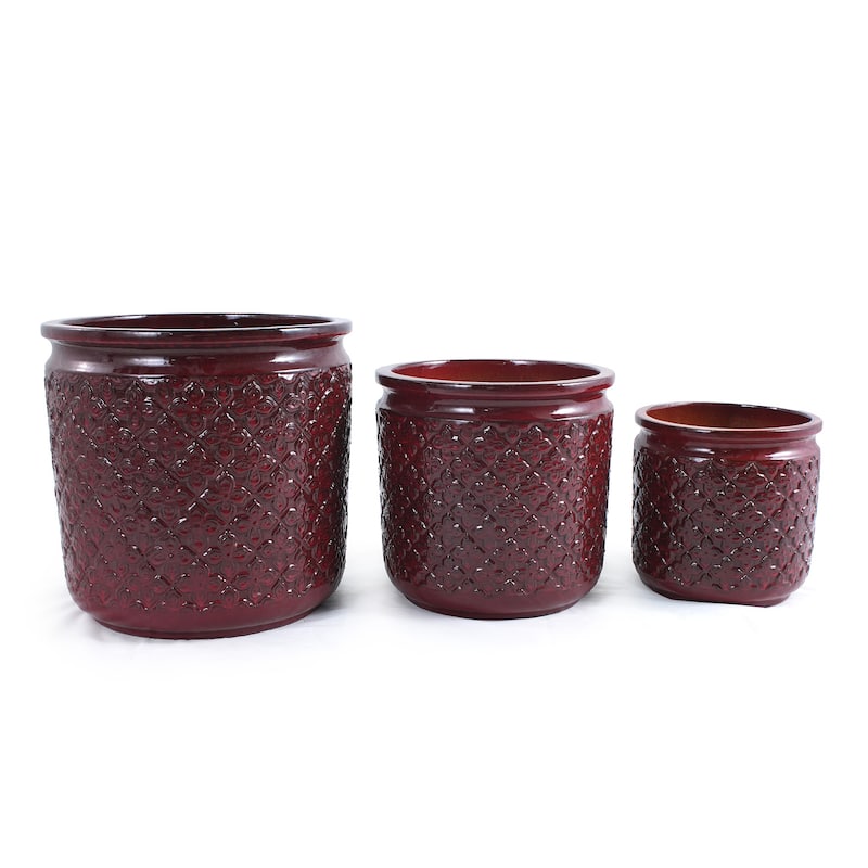 Set of 3 Flower Ceramic Flowerpot, Modern Planter for Patio, Garden, Windowsill - Bean Paste Red