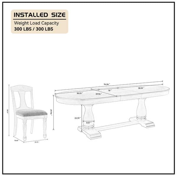 dimension image slide 2 of 3, Extendable Wooden Dining Table Set with 6 Pieces of Chair Solid Wood Curved Oval for 4-6 People