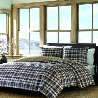 Eddie Bauer Port Gamble With Neutral Check Reverse Cotton Comforter (Indigo, 3 Piece Set)