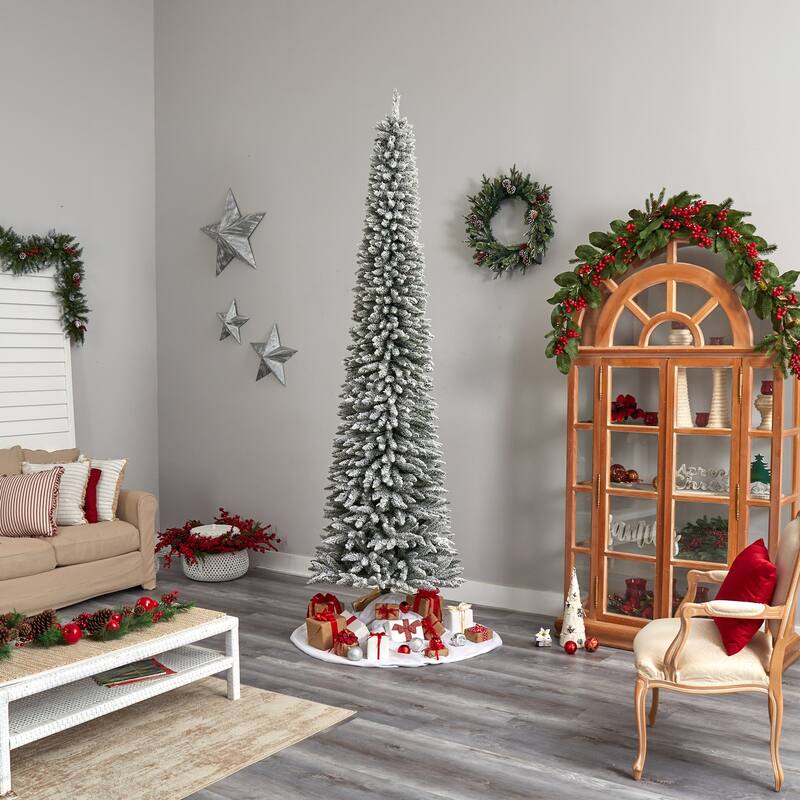 10ft. Flocked Pencil Artificial Christmas Tree with 700 Clear Lights & 1145 Branches - Sleek Snowy Holiday X-Mas Tree