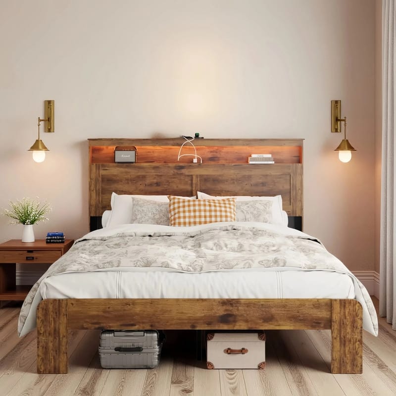 Wood Platform Bed Frame with Storage LED Light Headboard and 2 USB, Under Bed Storage, No Box Spring Needed