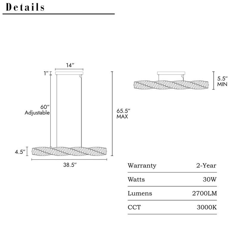 Modern Glam 1-Light Gold LED Chandelier Linear Crystal Pendant Lights for Dining Room - 38.5"L x 4.5"W x 4.5"H