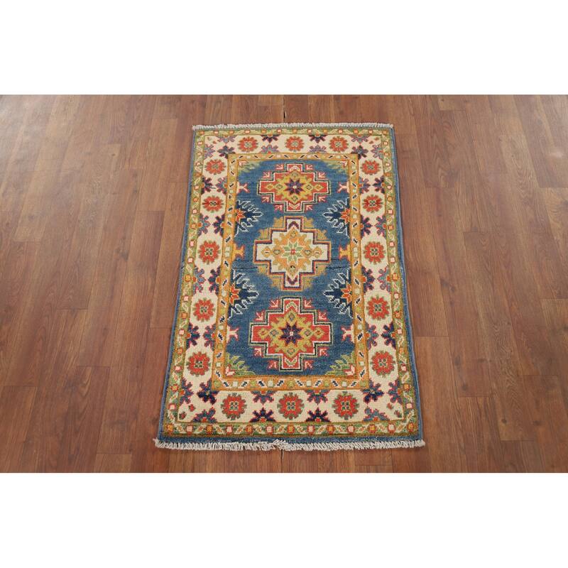 Blue Geometric Kazak Oriental Accent Rug Hand-Knotted Wool Carpet - 1'11" x 3'0"
