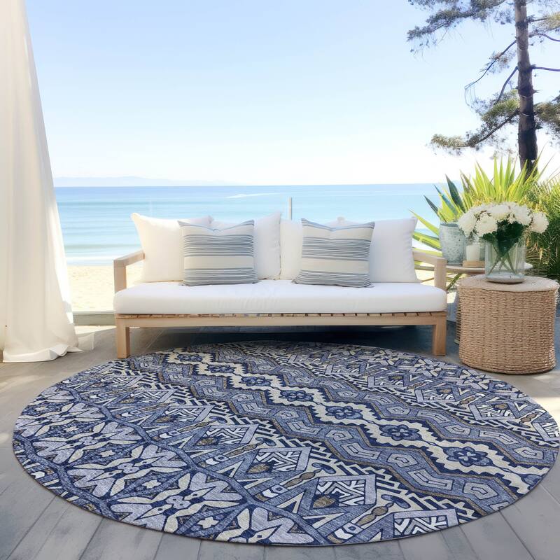 Machine Washable Indoor/ Outdoor Chantille Mosaic Global Rug - Denim - 8' x 8'