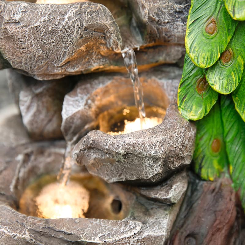 Glitzhome 20.5"H 4-Tierd Lighted Peacock Stacked Stones Polyresin Outdoor Floor Fountain