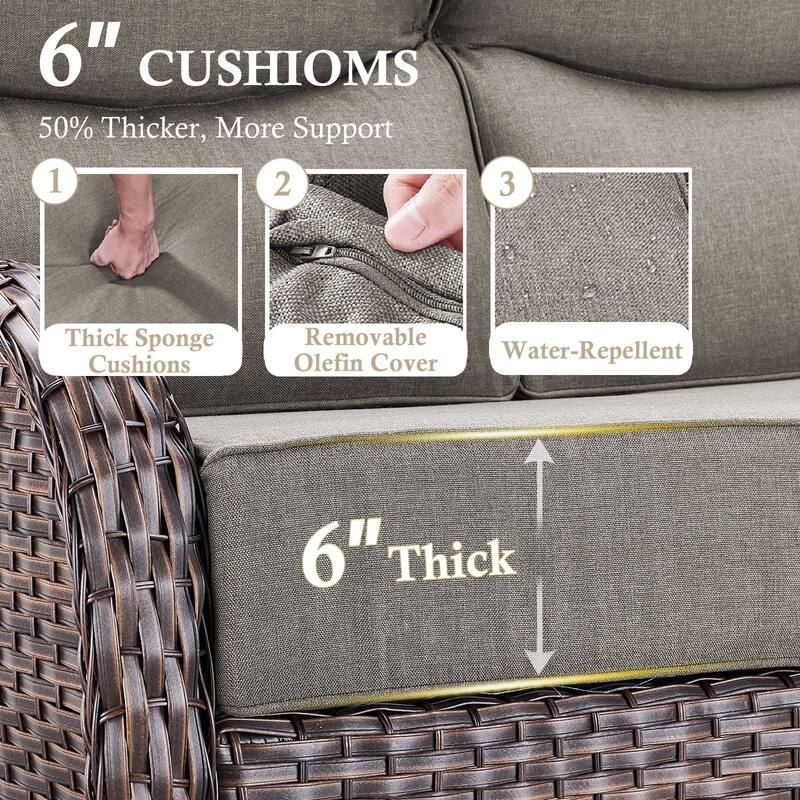 Arcadia 3-Seat Wicker Patio Sofa with 6-Inch Thick Cushions and 2 Ottomans
