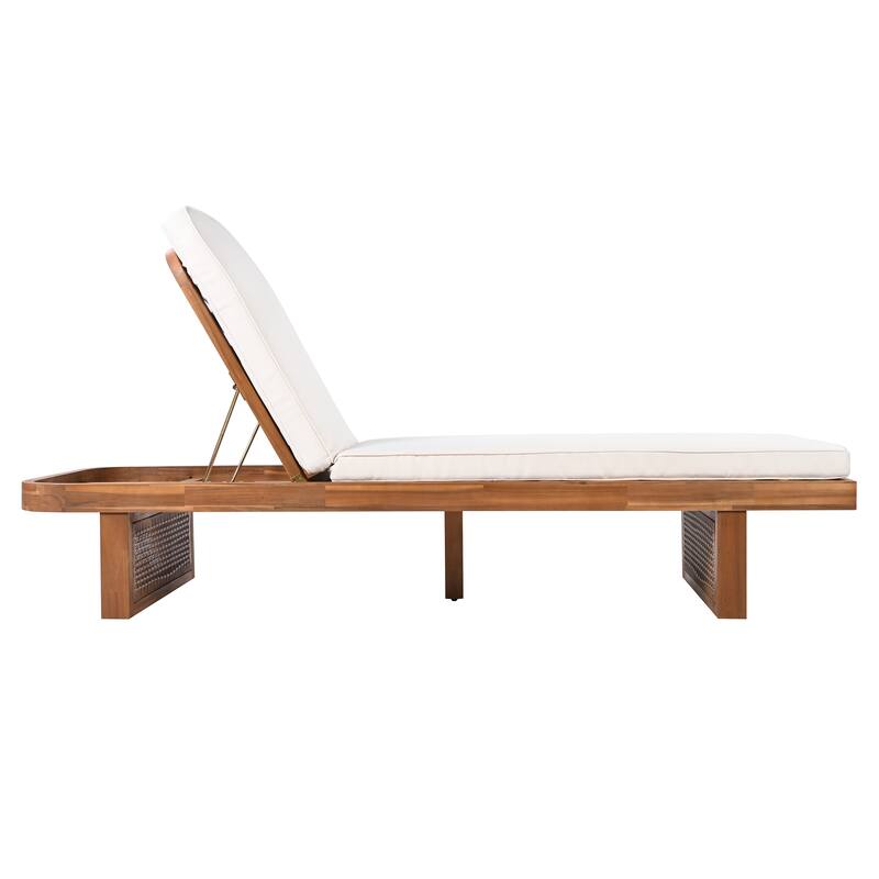 Rattan & Acacia Wood Outdoor Lounge Chair with White Cushion