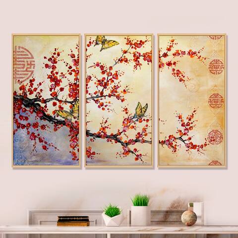Designart 'Butterfly Blossoms-Asian' Cottage_General Framed Wall Decor Set of 3 - 4 Colors of Frames